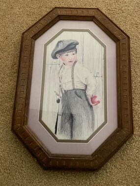 vintage framed pencil print by artist Kathleen Casey, titled "Early American boy